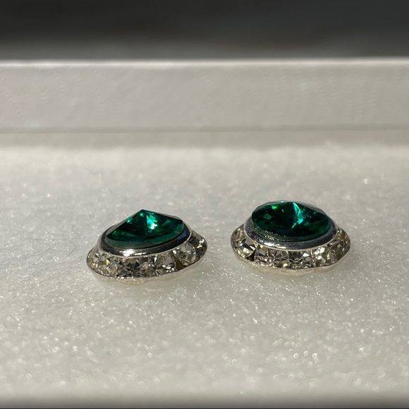 Emerald and Crystal Round Button Pierced Earrings - Picture 3 of 8